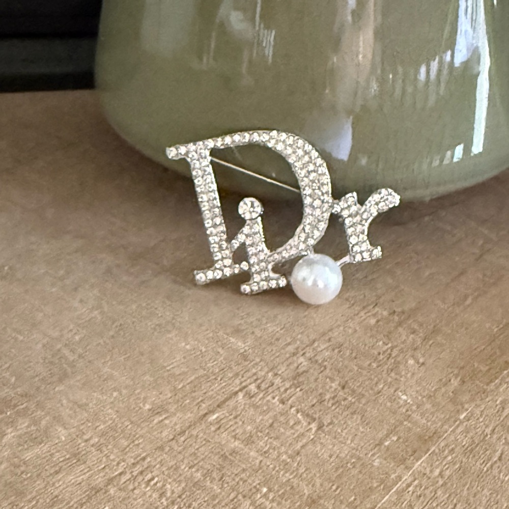 Silver Tone Rhinestone Brooch with Pearl Accent | Statement Pin - Picture 2 of 5